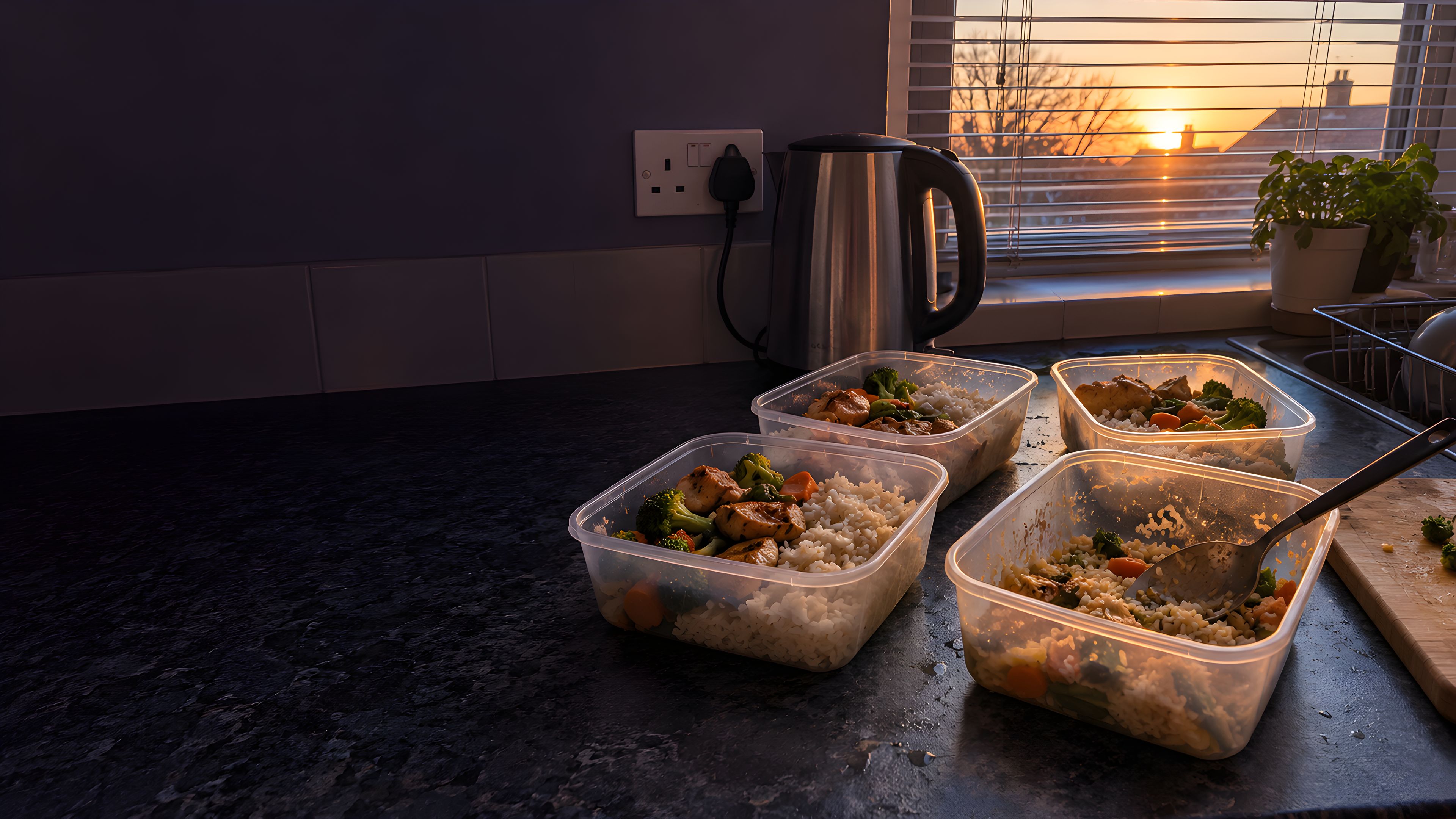 Four meal-prep containers of chicken, rice and vegetables on a dark kitchen worktop next to a kettle, with the sun rising through the window blinds.